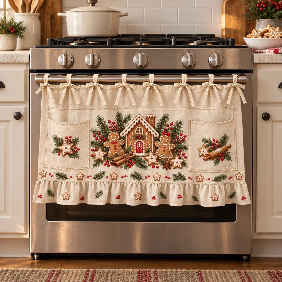 🎄 Christmas Kitchen Tie-On Skirt | Festive Holiday Designs with Pockets & Ruffled Trim ✨