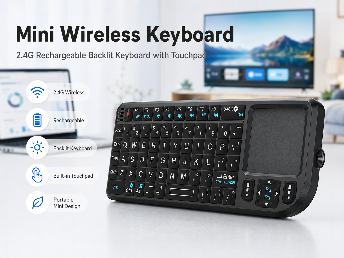 Mini Wireless Keyboard, 2.4G Rechargeable Backlight Keyboard with Touchpad