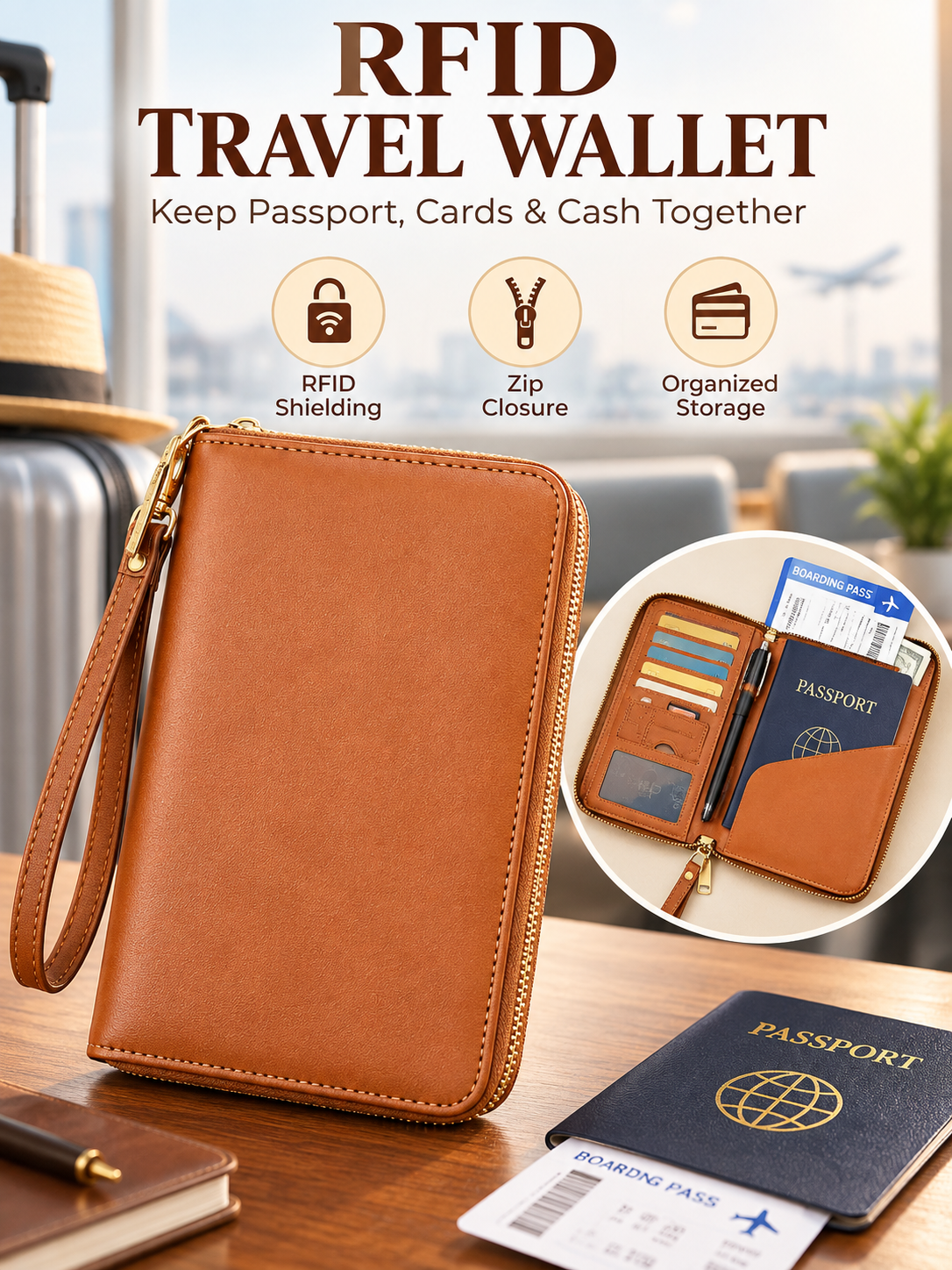 ✈️RFID Blocking Passport Holder Travel Wallet, Holds Multiple Passports & Documents with Wrist Strap
