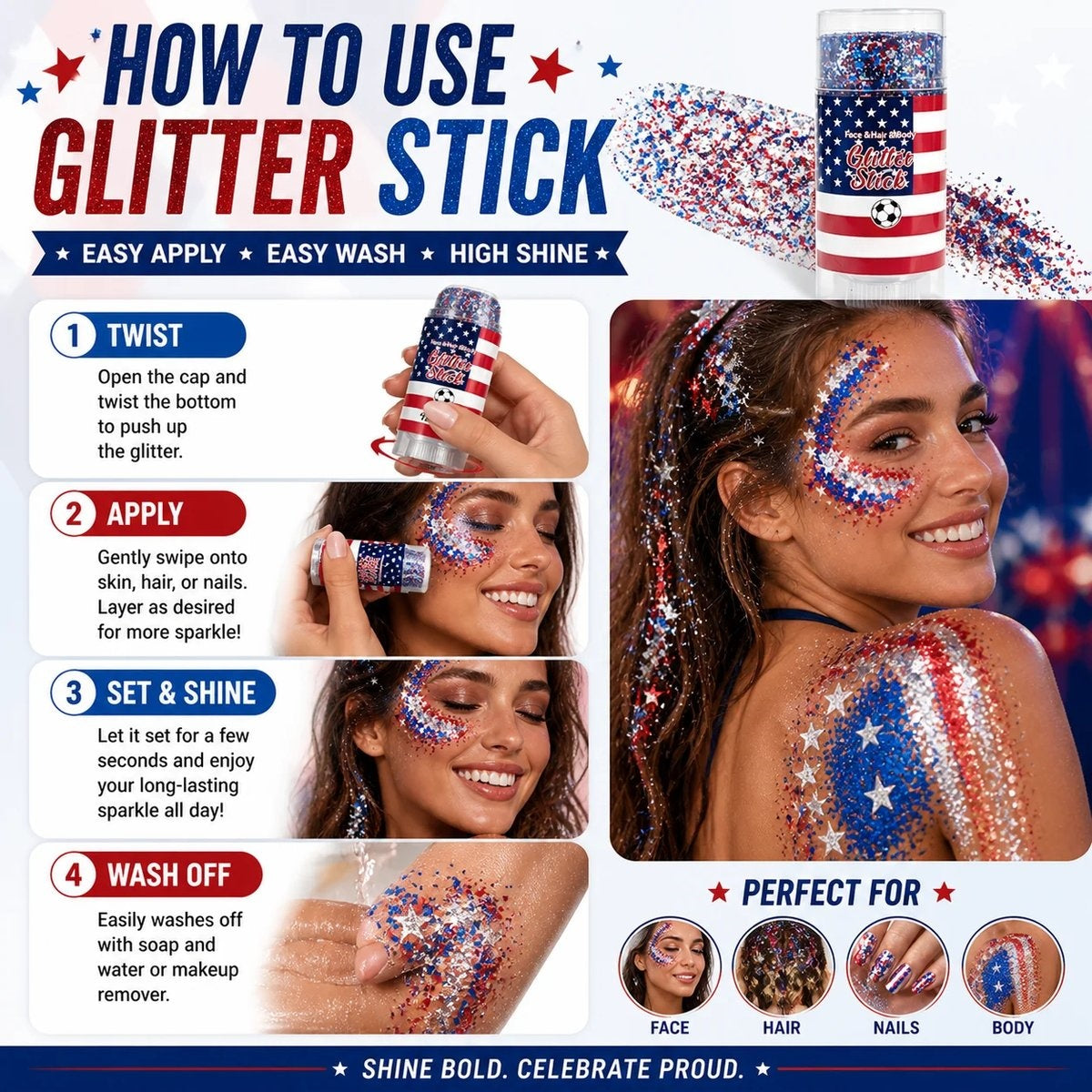 🦅4th of July Glitter Stick✨Red, White & Blue Body & Hair Sparkle.