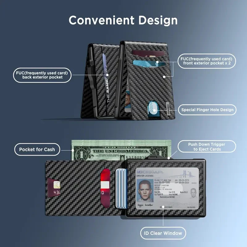 Men’s Minimalist Pop-Up Wallet, RFID Blocking Aluminum Slim Bifold.