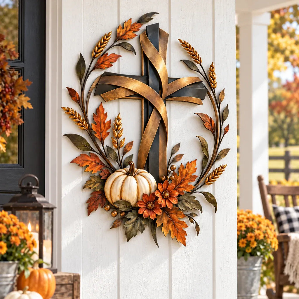 🎃Halloween Deal 50% OFF! ✝️🍂 Autumn Cross & Pumpkin Harvest Metal Wall Decor