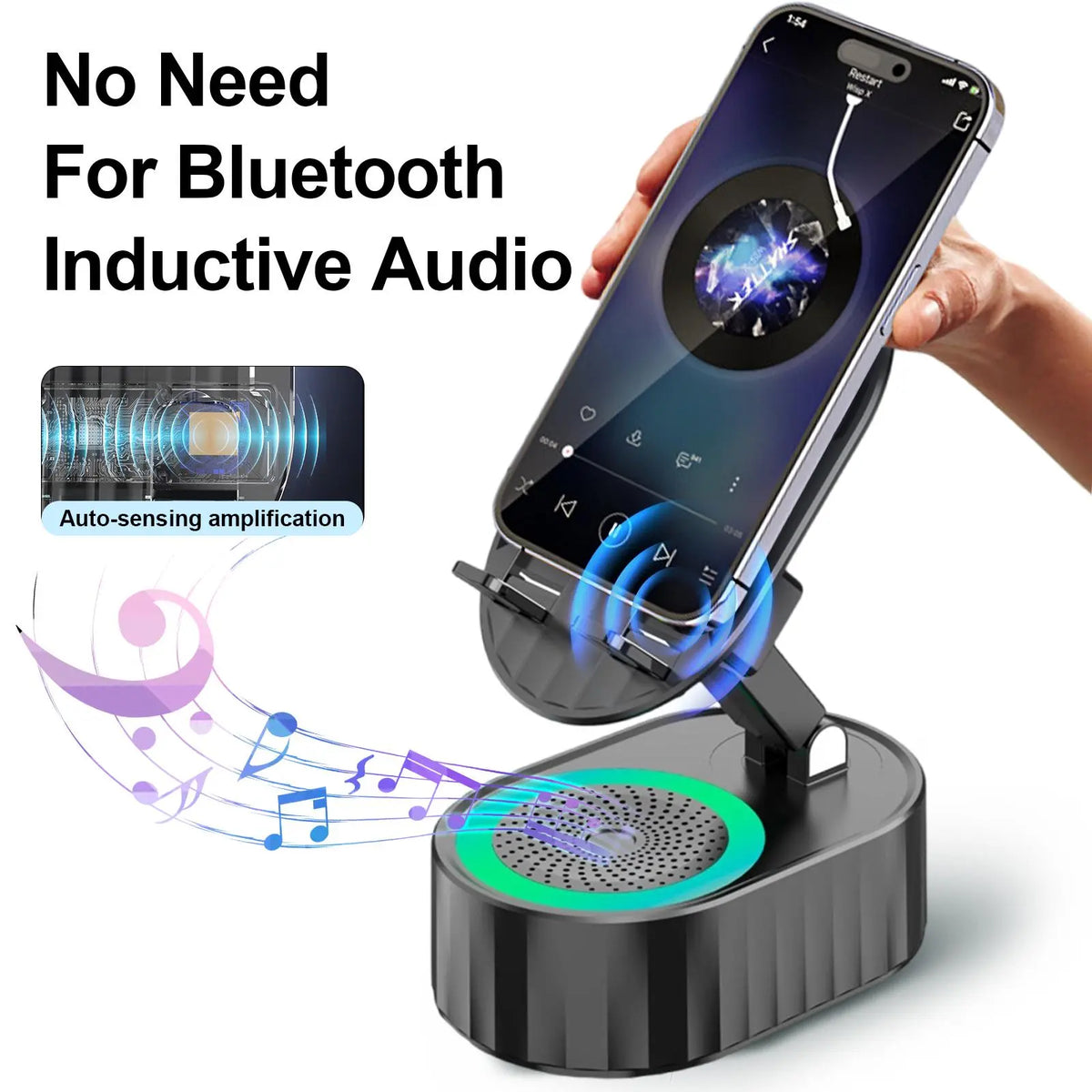 🎵 5-in-1 Wireless Induction Audio Bluetooth Speaker & Phone Holder – 3000mAh Rechargeable Power Bank with Colorful Ambient Light, 300° Foldable Stand for Smartphone & Tablet