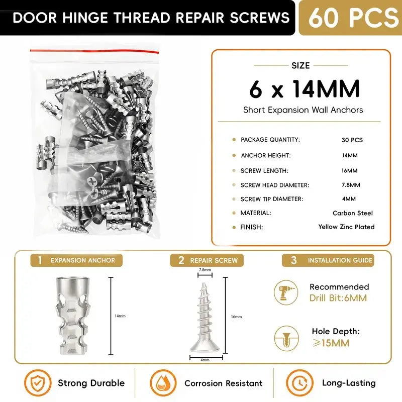 🔩 6×14mm Short Expansion Screw Set for Cabinet Hinge Repair & Stripped Thread Restoration