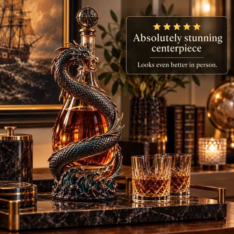 Leviathan Coil Dragon Decanter™ — Whiskey Decanter with Compass Stopper & Sculpted Dragon Design（No liquid included）