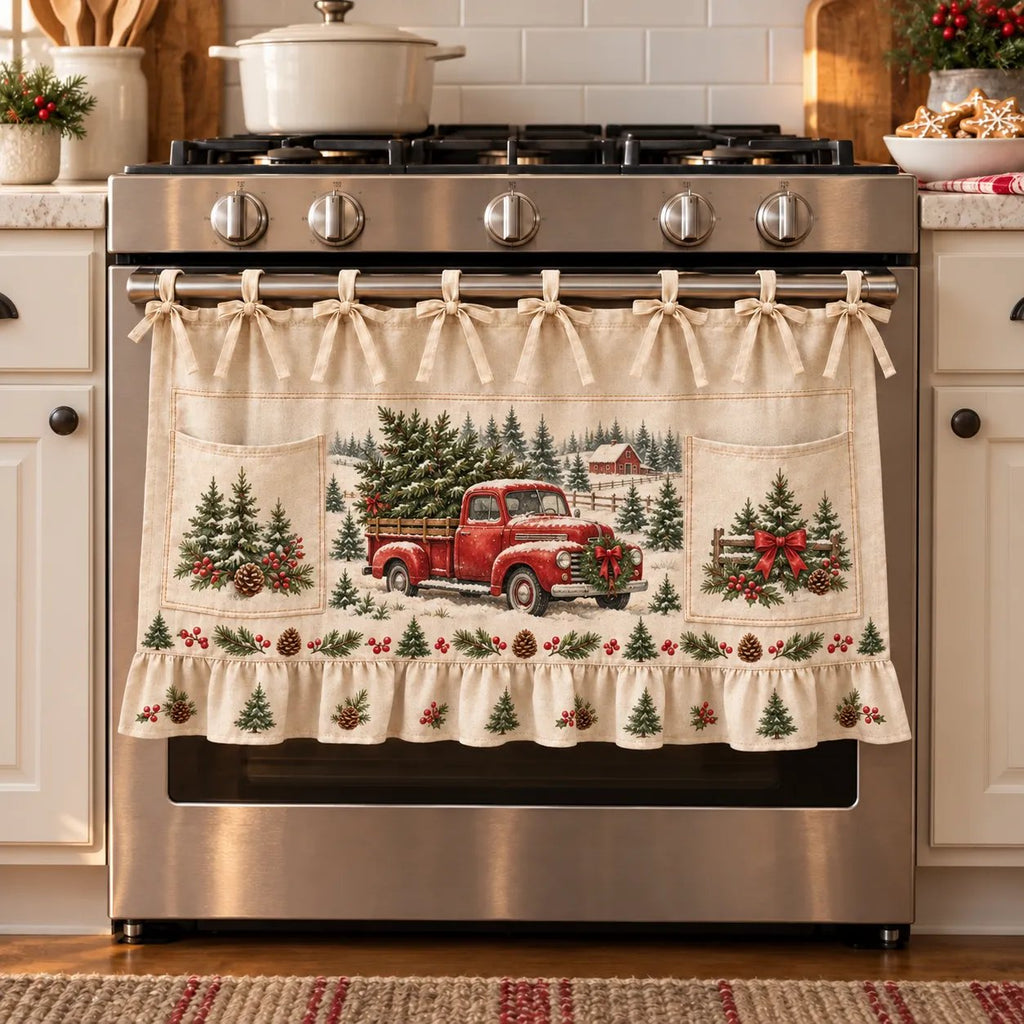 🎄 Christmas Kitchen Tie-On Skirt | Festive Holiday Designs with Pockets & Ruffled Trim ✨