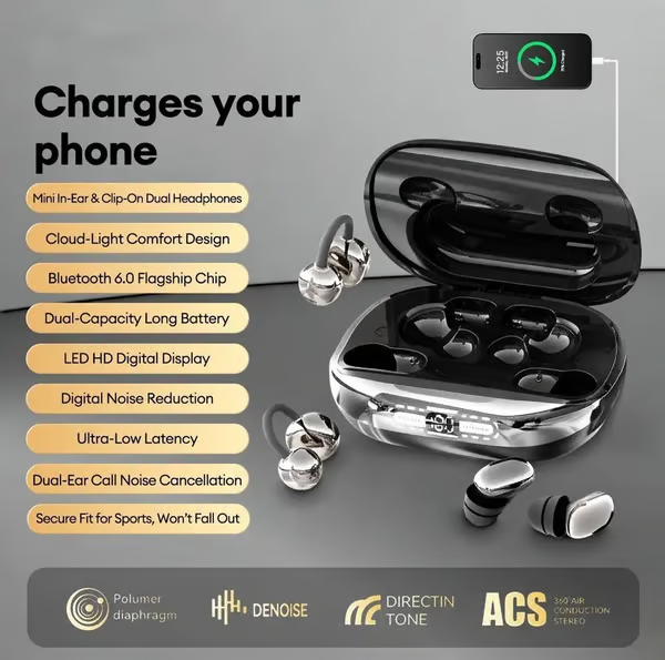 3-in-1 Wireless Earbuds with Power Bank Charging Case | 4 Clip-On & Sleep Earbuds, Noise Cancelling & IPX5 Water Resistant