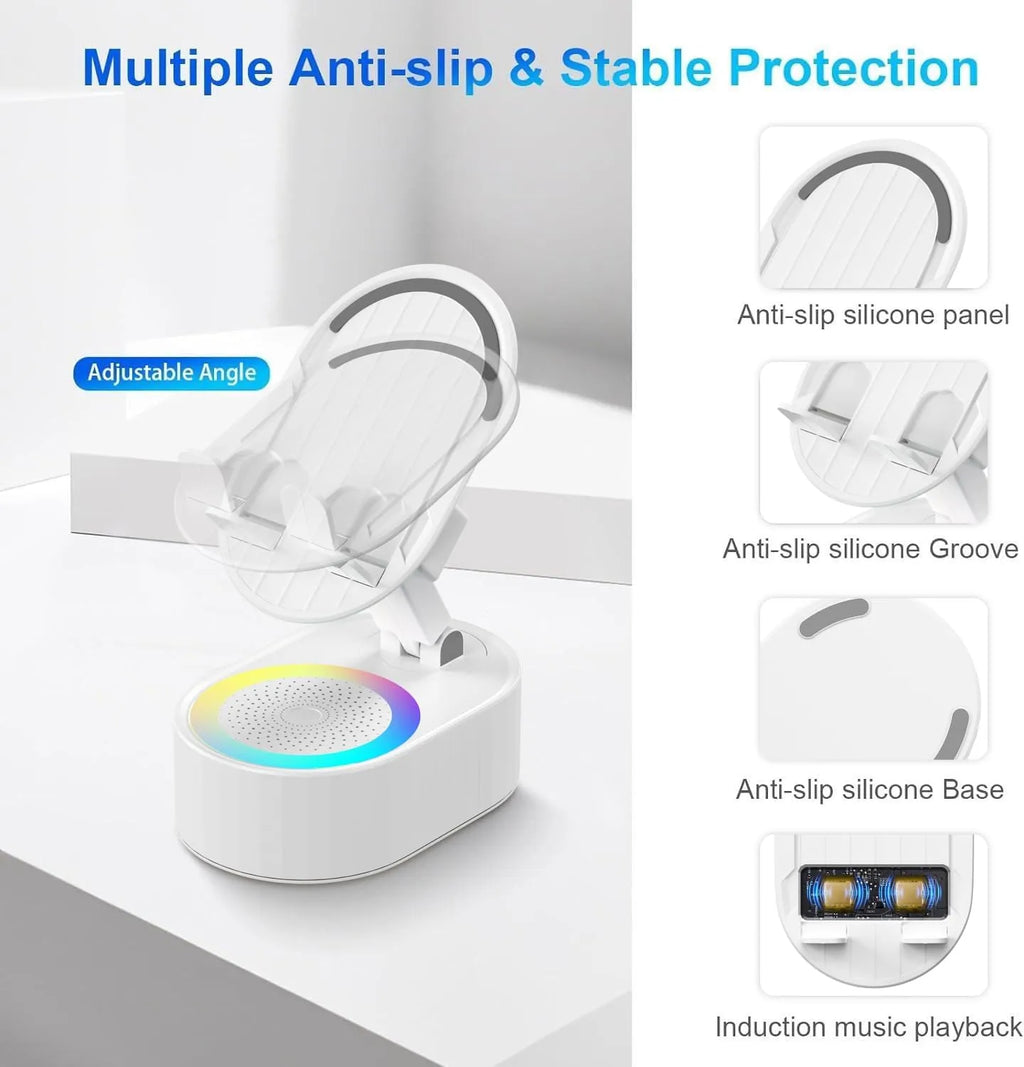 🎵 5-in-1 Wireless Induction Audio Bluetooth Speaker & Phone Holder – 3000mAh Rechargeable Power Bank with Colorful Ambient Light, 300° Foldable Stand for Smartphone & Tablet