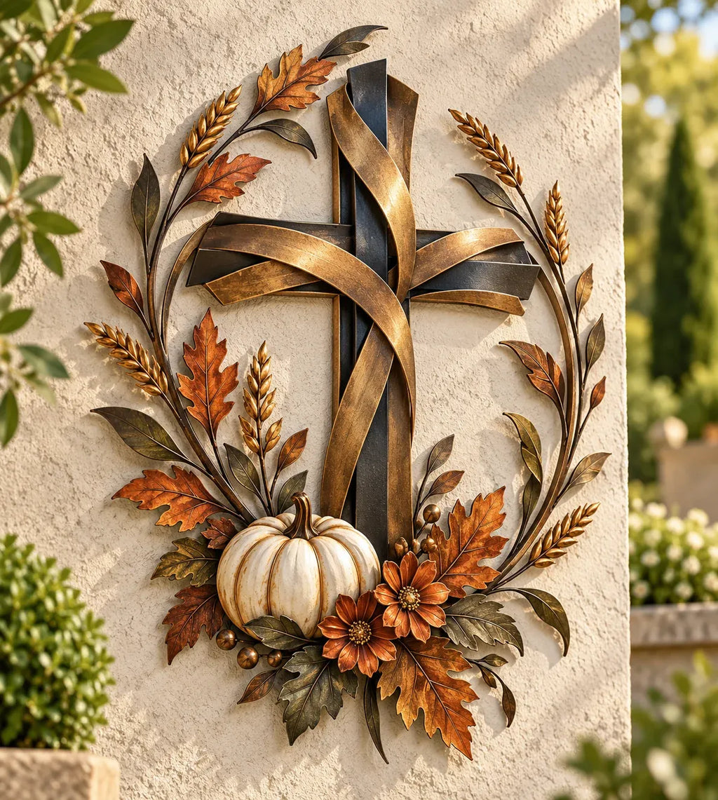🎃Halloween Deal 50% OFF! ✝️🍂 Autumn Cross & Pumpkin Harvest Metal Wall Decor