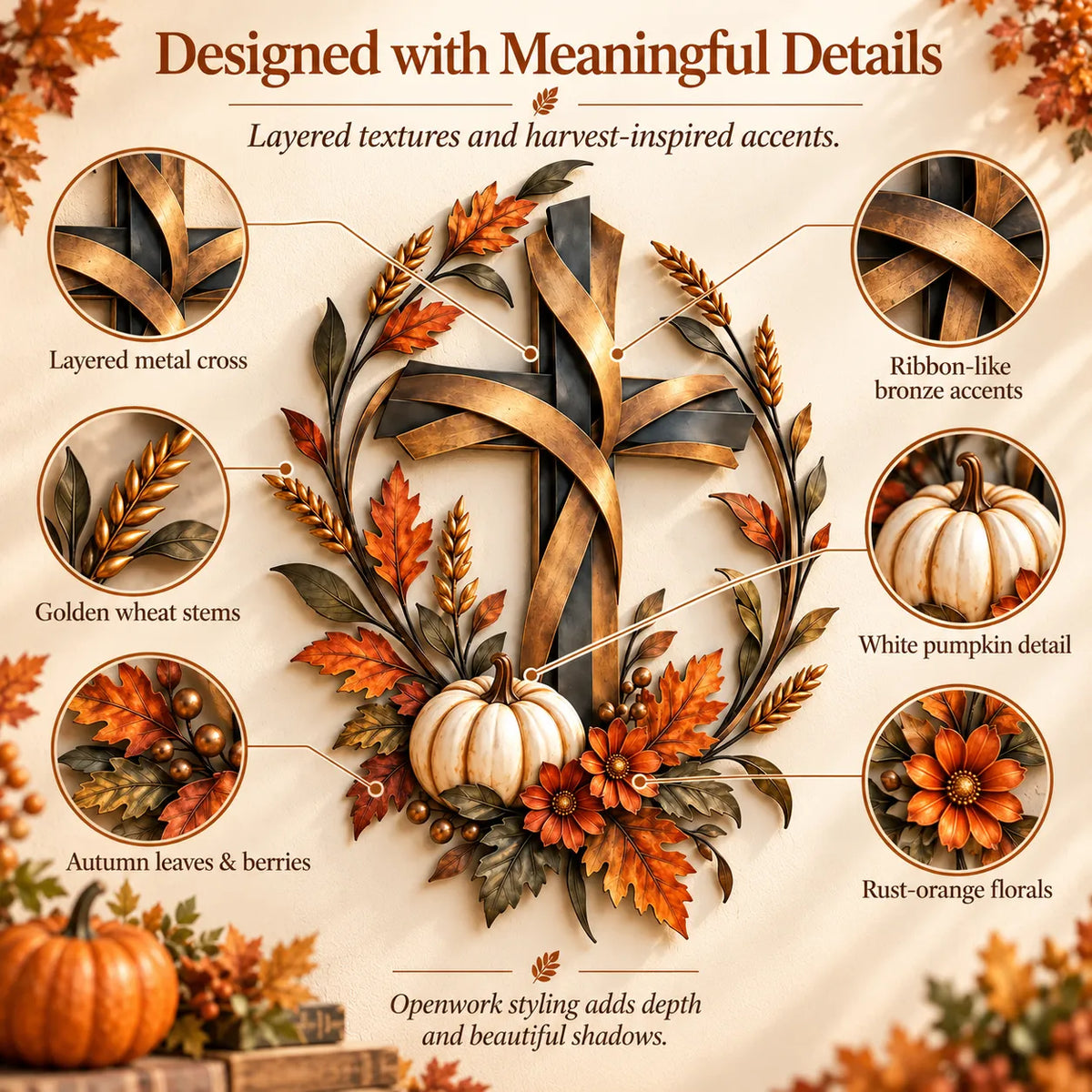🎃Halloween Deal 50% OFF! ✝️🍂 Autumn Cross & Pumpkin Harvest Metal Wall Decor