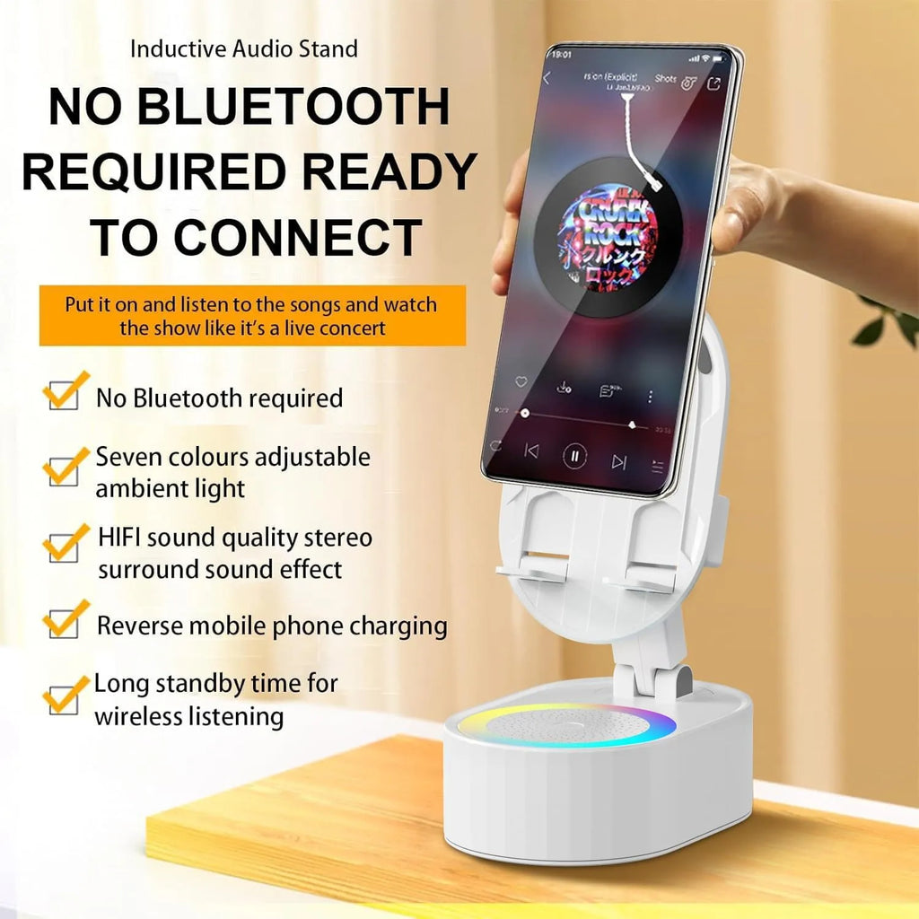 🎵 5-in-1 Wireless Induction Audio Bluetooth Speaker & Phone Holder – 3000mAh Rechargeable Power Bank with Colorful Ambient Light, 300° Foldable Stand for Smartphone & Tablet