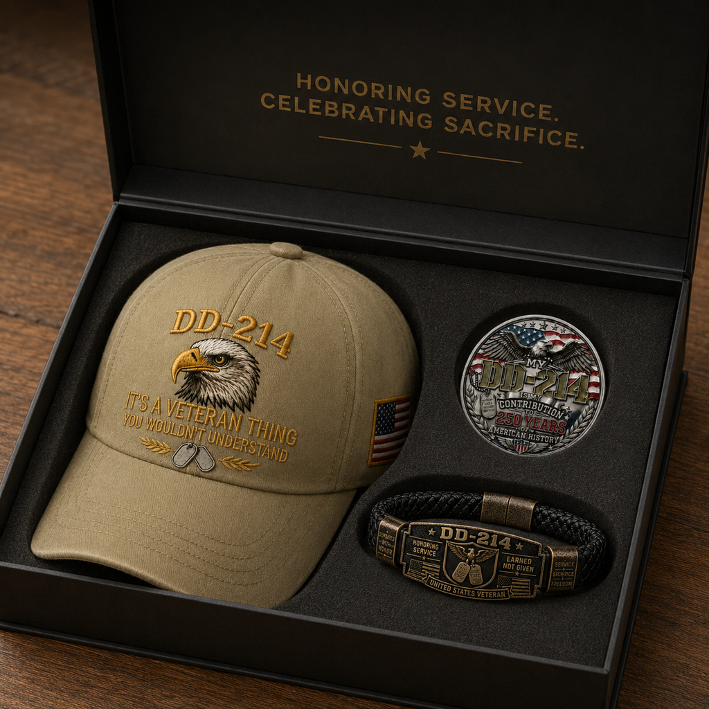 DD-214 Veteran Honor 3-Piece Gift Set – Embroidered Cap, Coin & Bracelet