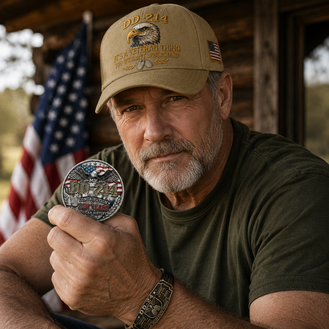 DD-214 Veteran Honor 3-Piece Gift Set – Embroidered Cap, Coin & Bracelet