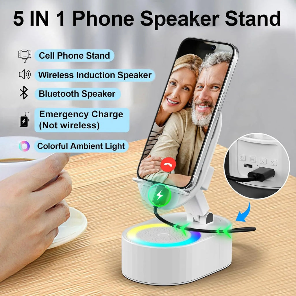🎵 5-in-1 Wireless Induction Audio Bluetooth Speaker & Phone Holder – 3000mAh Rechargeable Power Bank with Colorful Ambient Light, 300° Foldable Stand for Smartphone & Tablet