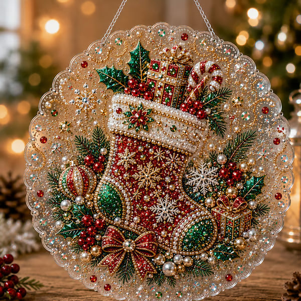 Christmas Pearl Diamond Art Hanging Ornament Kit | Luxury Flocked Canvas with Scratch-Resistant Non-Fading Pearl Beads DIY Handmade Holiday Hanging Decor 🎅💎