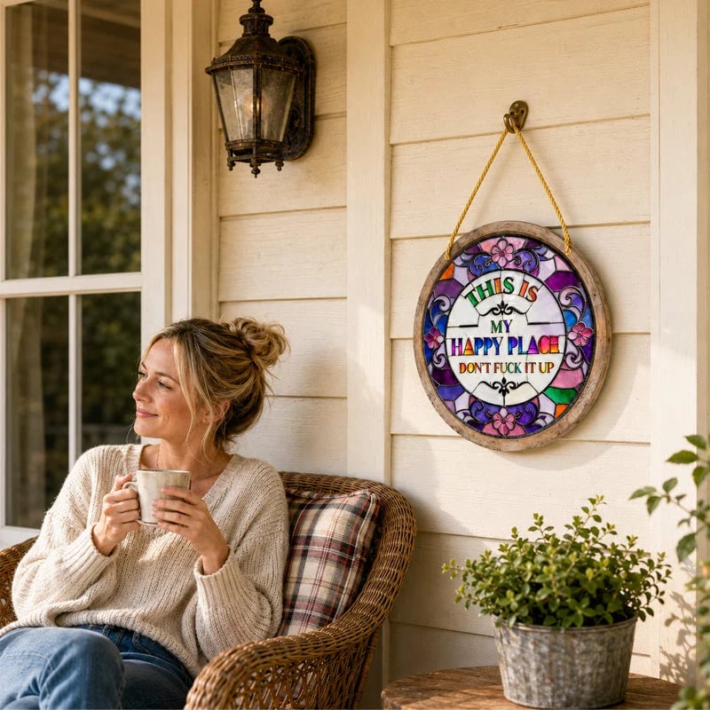 Stained Glass-Style Happy Place Hanging Suncatcher | Sunlight-Catching Quote Decor for Windows, Porches, Patios & Gifts ✨