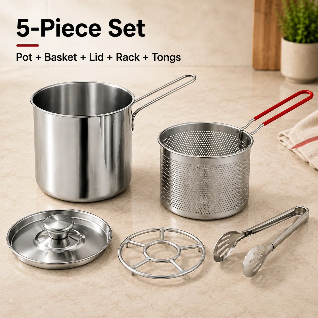 Personal Mini Deep Fryer Set – Stainless Steel Pot with Lift-Out Draining Basket & Food Tongs
