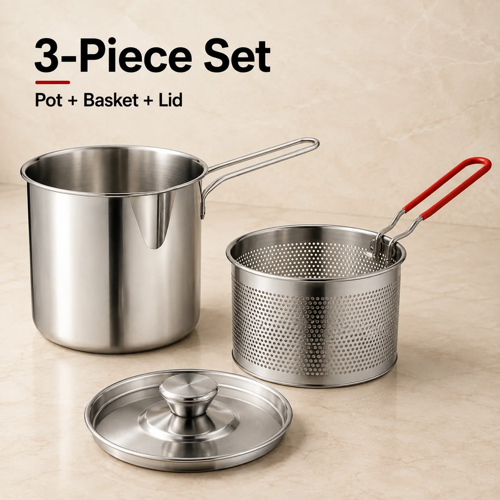 Personal Mini Deep Fryer Set – Stainless Steel Pot with Lift-Out Draining Basket & Food Tongs
