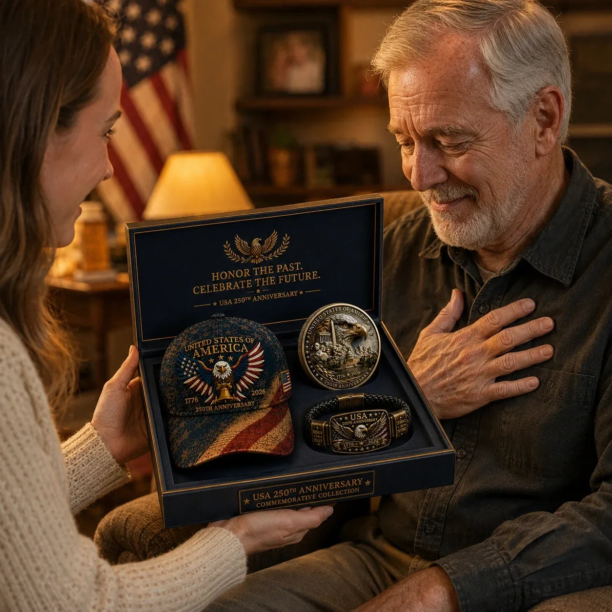 Anniversary Patriotic Eagle 3-Piece Gift Set – Embroidered Cap, Coin & Bracelet